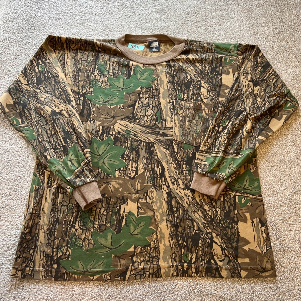 vtg Camo Shirt Mens Large Brown‎ Green Hunting Pocket ace realtree bark 80s usa